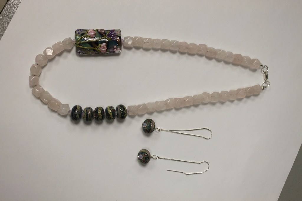 Necklace/Earrings Set: Sterling Silver with Rose Quartz and Swarovski Crystals