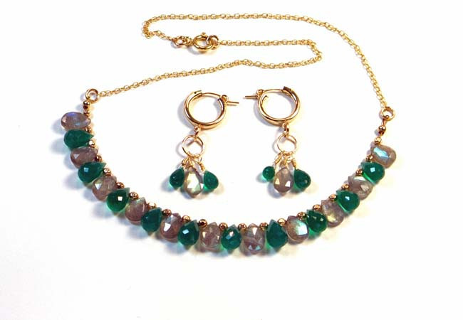 Necklace/Earrings Set: Green Agate and Labradorite Stones with 14K Gold-Filled Beads