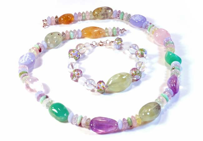 Necklace/Bracelet Set: Mixed Gemstones and Frosted Quartz