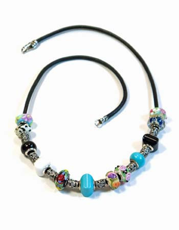 Black Leather, Turquoise and White/Black Agate Beaded Necklace