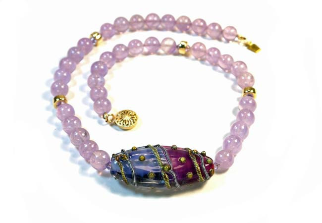 Pink Amethyst Necklace with Swarovski Crystal and 14K Gold-Filled Beads