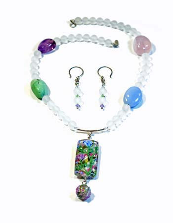 Necklace/Earrings Set: Frosted Crystal and Mixed Gemstones