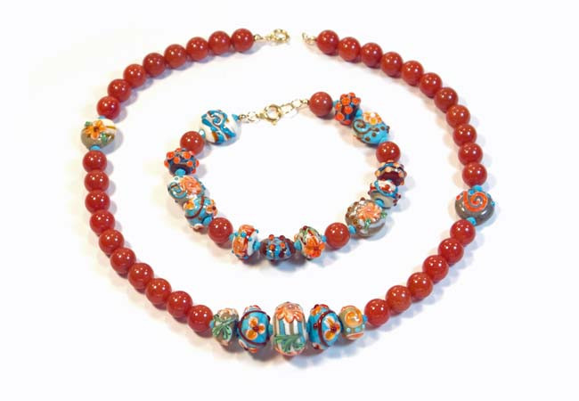 Necklace/Bracelet Set: Red Aventurine with Homemade Lampwork