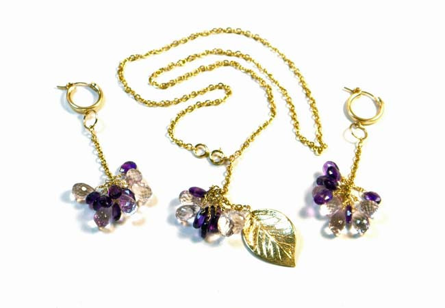 Necklace/Earrings Set: Amethyst, Pink Sapphires, and 14K Gold-Filled Leaf