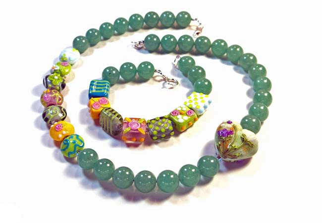 Necklace/Bracelet Set: Aventurine, Handmade Lampwork, Swarovski Crystal, and Sterling Silver