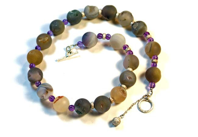 Frosted Natural Agate, Amethyst, Sterling Silver Beaded Necklace
