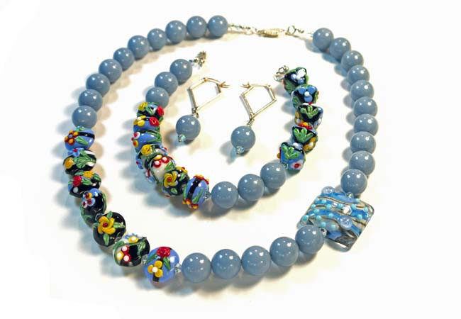 Necklace/Bracelet/Earrings Set: Angelite and Swarovslo Crystals