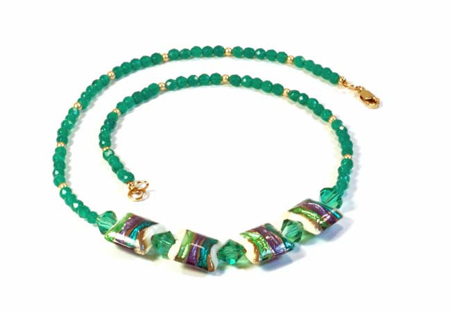 Green Agate Necklace with Handmade Lampwork 14k Gold-Filled Beads, and Swarovski Crystals