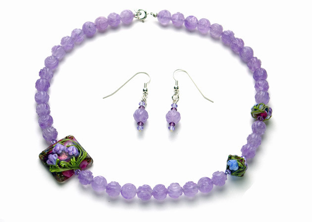 Necklace/Earrings Set: Lavender Amethyst and Handmade Lampwork with Swarovski Crystals