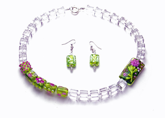 Necklace/Earrings Set: Crystal Quartz Cubes with Green and Purple Lampwork