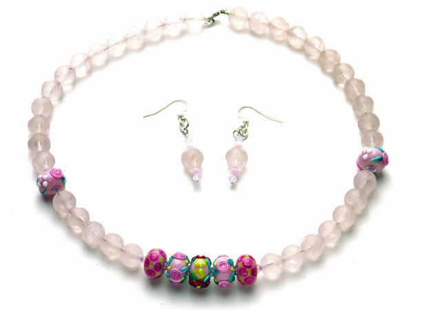 Necklace/Earrings Set: Asteroid Rose Quartz, Handmade Lampwork, and Swarovski Crystal