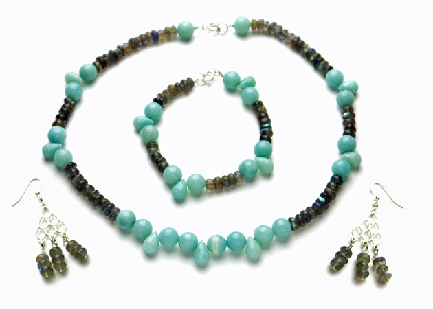 Necklace/Bracelet/Earrings Set: Tear Drop & Round Amazonite Stones and Round Labradorite Stones