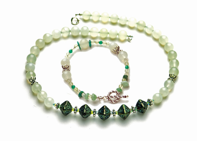 Necklace/Bracelet Set: New Jade Serpentine Handmade Lampwork with Swarovski Crystals and Sterling Silver Beads