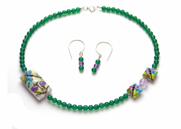 Necklace/Earrings Set: Green Agate, Amethyst, Handmade Lampwork, and Swarovski Crystals