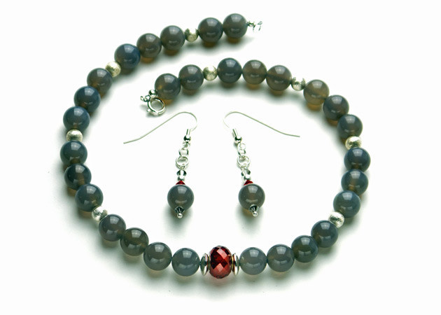 Necklace/Earrings Set: Grey Chalcedony, Red Ruby Zirconia, and Sterling Silver Beads