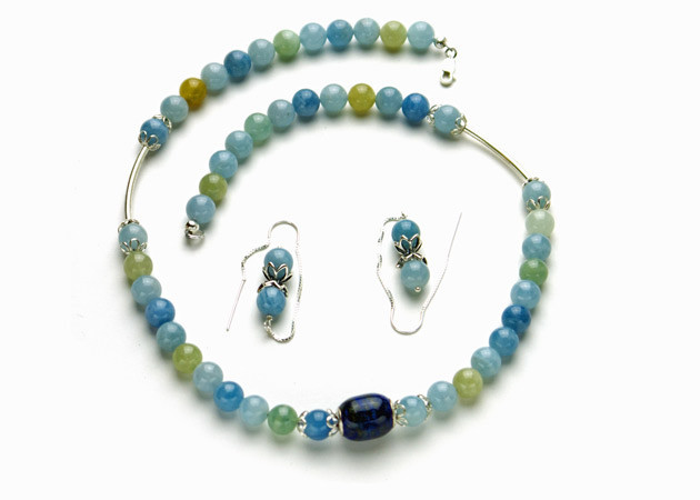 Necklace/Earrings Set: Aquamarine and Lapis Lazuli Beads with Sterling Silver