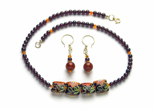 Necklace/Earrings Set: Garnet, Handmade Lampwork, Swarovski Crystal, 14k Gold-Filled