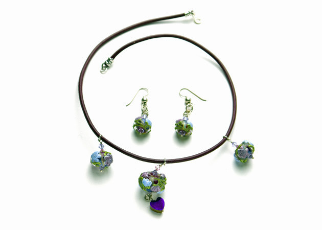 Necklace/Earrings Set: Leather Necklace, Handmade Lampwork, Quartz Hearts, Swarovski Crystal, and Sterling Silver