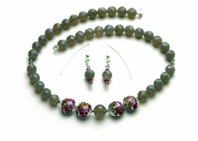 Necklace/Earrings Set: Grey Chalcedony, Handmade Lampwork, and Swarovski Crystal