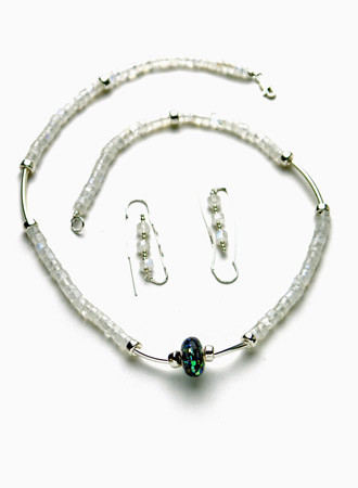 Necklace/Earrings Set: Moonstone, Abalone, and Sterling Silver Beads