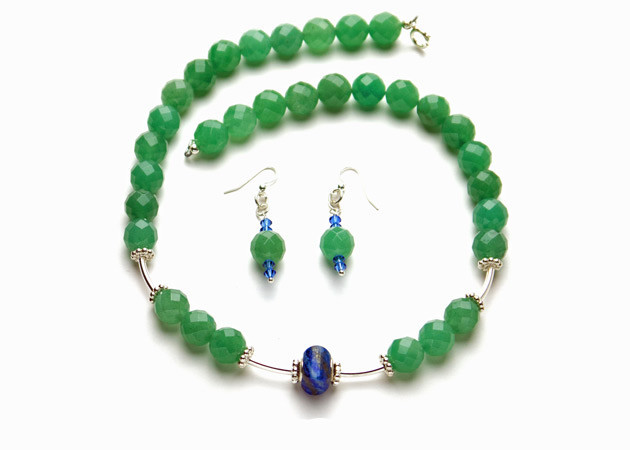 Necklace/Earrings Set: Aventurine and Lapis Lazuli Stones with Sterling Silver Beads/Clasps/Hooks
