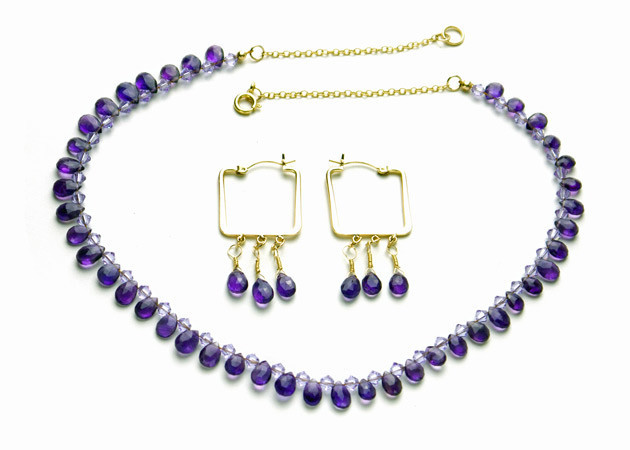 Necklace/Earrings Set: Amethyst and Swarovski Crystals with 14K Gold-Filled Chain