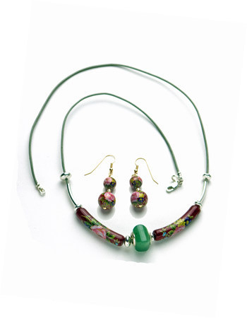 Necklace/Earrings Set: Grey Leather Necklace and Earrings with Green Aventurine and Tensha Beads