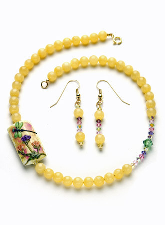 Necklace/Earrings Set: Yellow Jade Handmade Lampwork and Swarovski Crystals