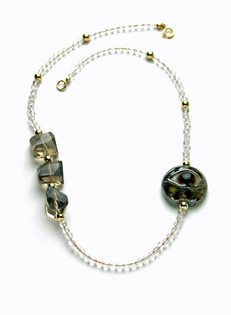 Crystal and Smoke Quartz Necklace with Lampwork Eye and 14K Gold-Filled Beads