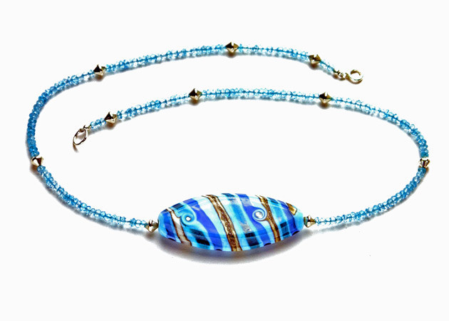 Blue Sapphire Necklace with Handmade Lampwork and Sterling Silver