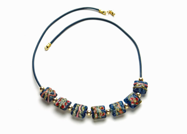 Blue Leather Necklace with Handmade Lampwork and 14K Gold-Filled Beads