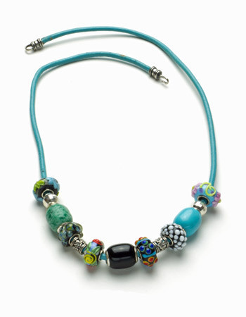 Turquoise Necklace with Lampwork, Black Agate, and Sterling Silver