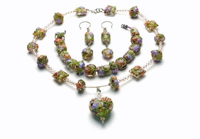 Necklace/Bracelet/Earrings Set: Handmade Lampwork with Swarovski Crystals, Sterling Silver Clasp