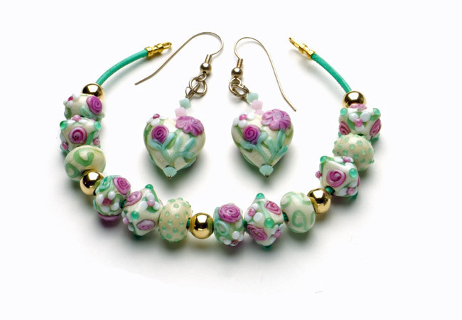 Bracelet/Earrings Set: Leather Bracelet with Handmade Lampwork and 14K Gold-Filled Beads