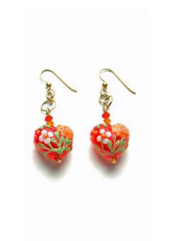 Orange Heart-Shaped Lampwork Earrings